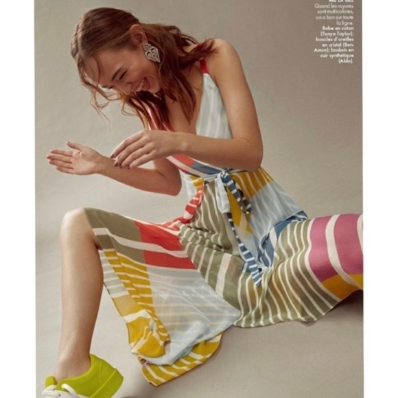 $695 TANYA TAYLOR Runway Colorful Silk Midi Dress - Picture 3 of 8